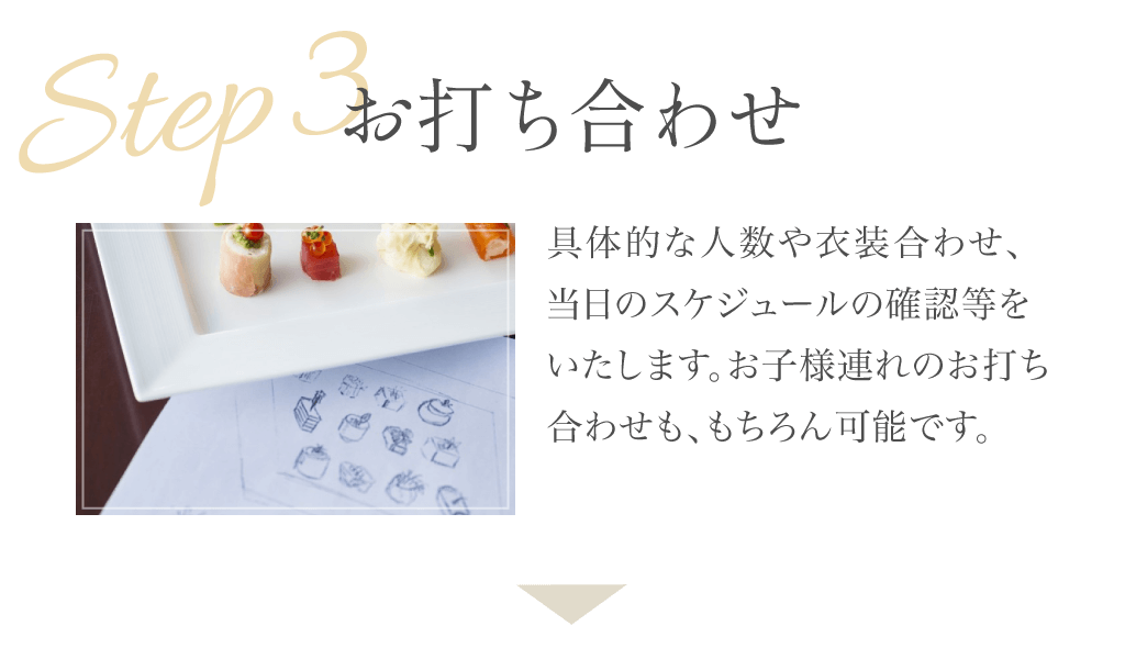 Step3：お打ち合わせ。具体的な人数や衣装合わせ、当日のスケジュールの確認等をいたします。お子様連れのお打ち合わせももちろん可能です。